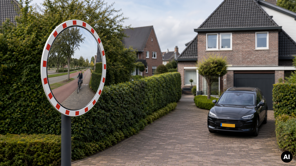 Bolle verkeersspiegel bij een Nederlandse oprit toont een fietser op het fietspad.