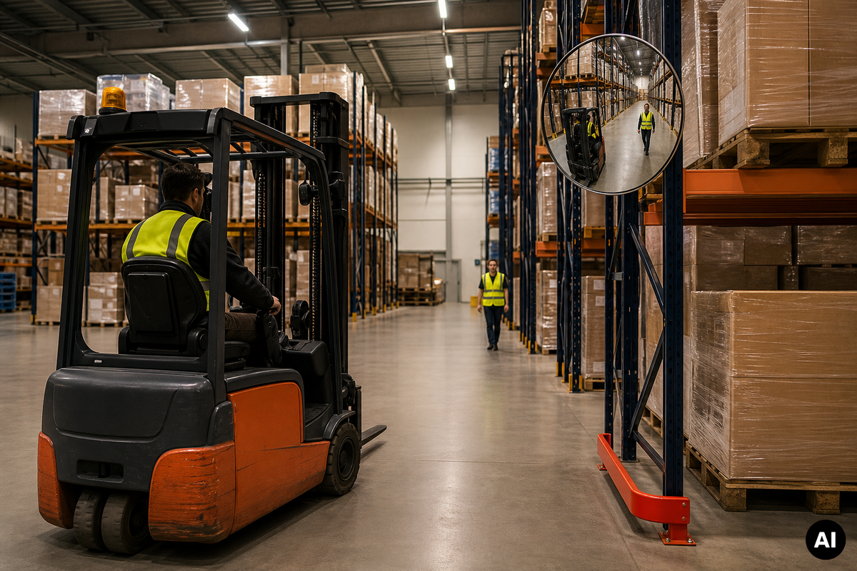 Heftruckchauffeur nadert een kruising in een distributiecentrum met een bolle veiligheidsspiegel bij de stellingkop.