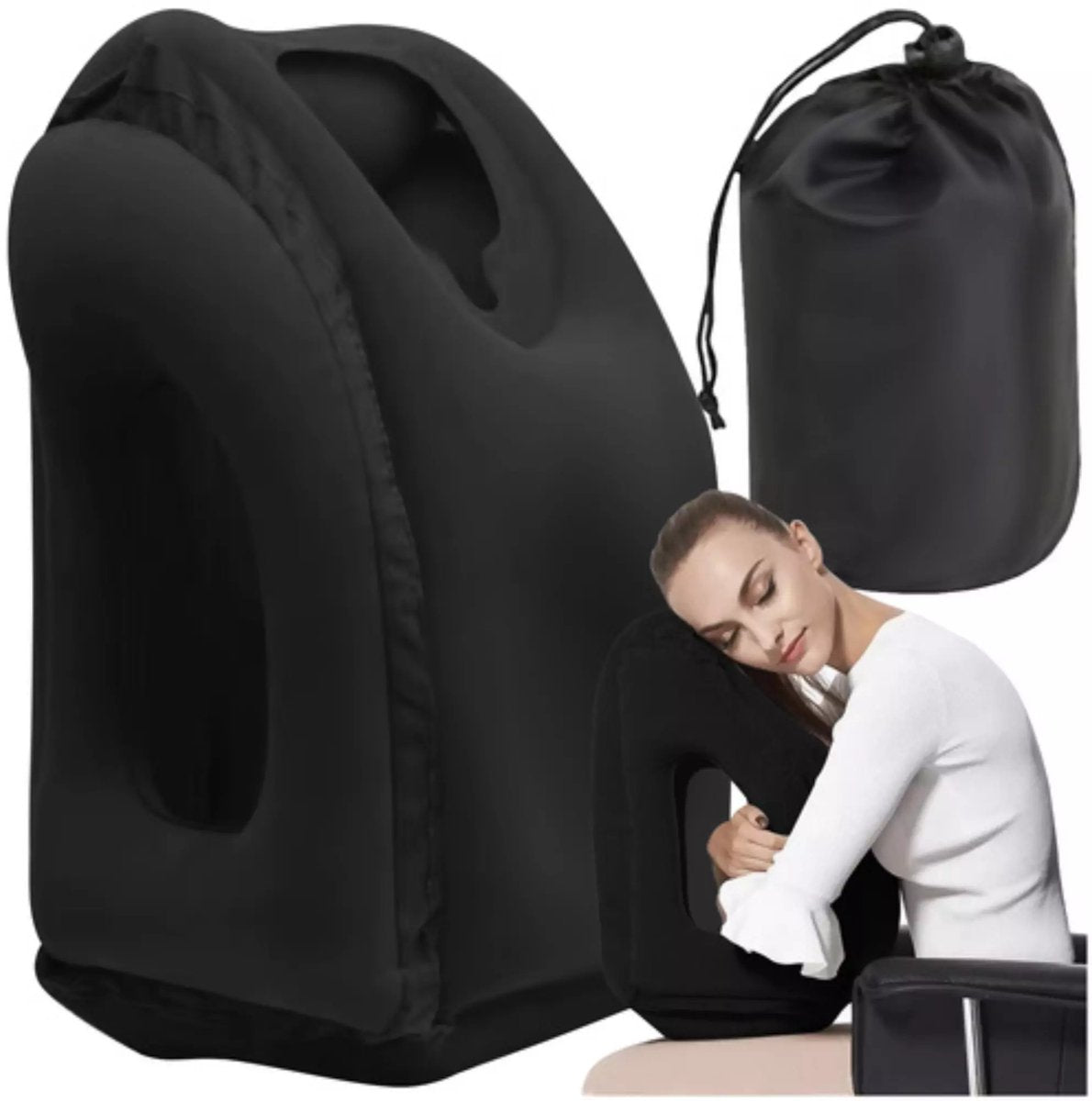 Trizand opblaasbaar reiskussen – ergonomisch slaaphulpmiddel – met gezichtsuitsparing en armopeningen